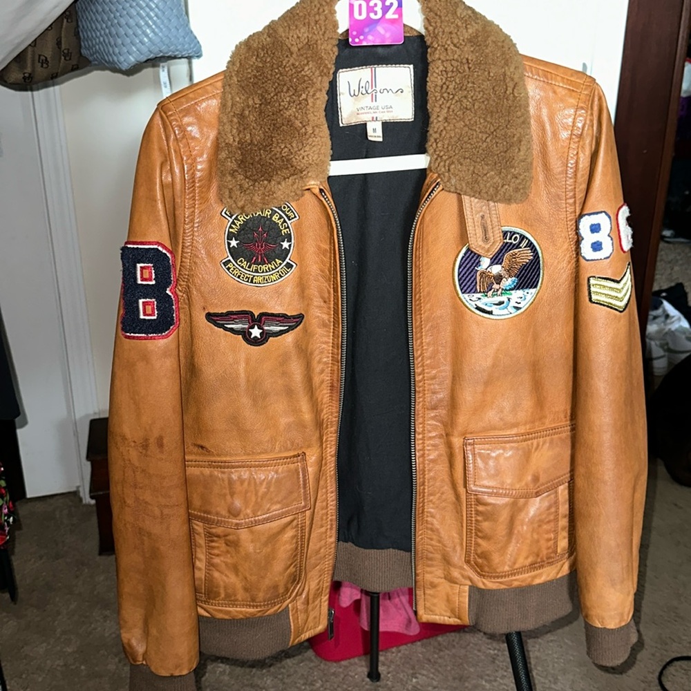 Wilson Tan Leather Bomber Jacket with Sherpa Collar and Patches
